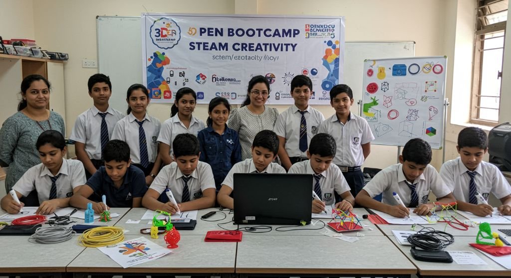 Child creating a 3D model with a 3D pen